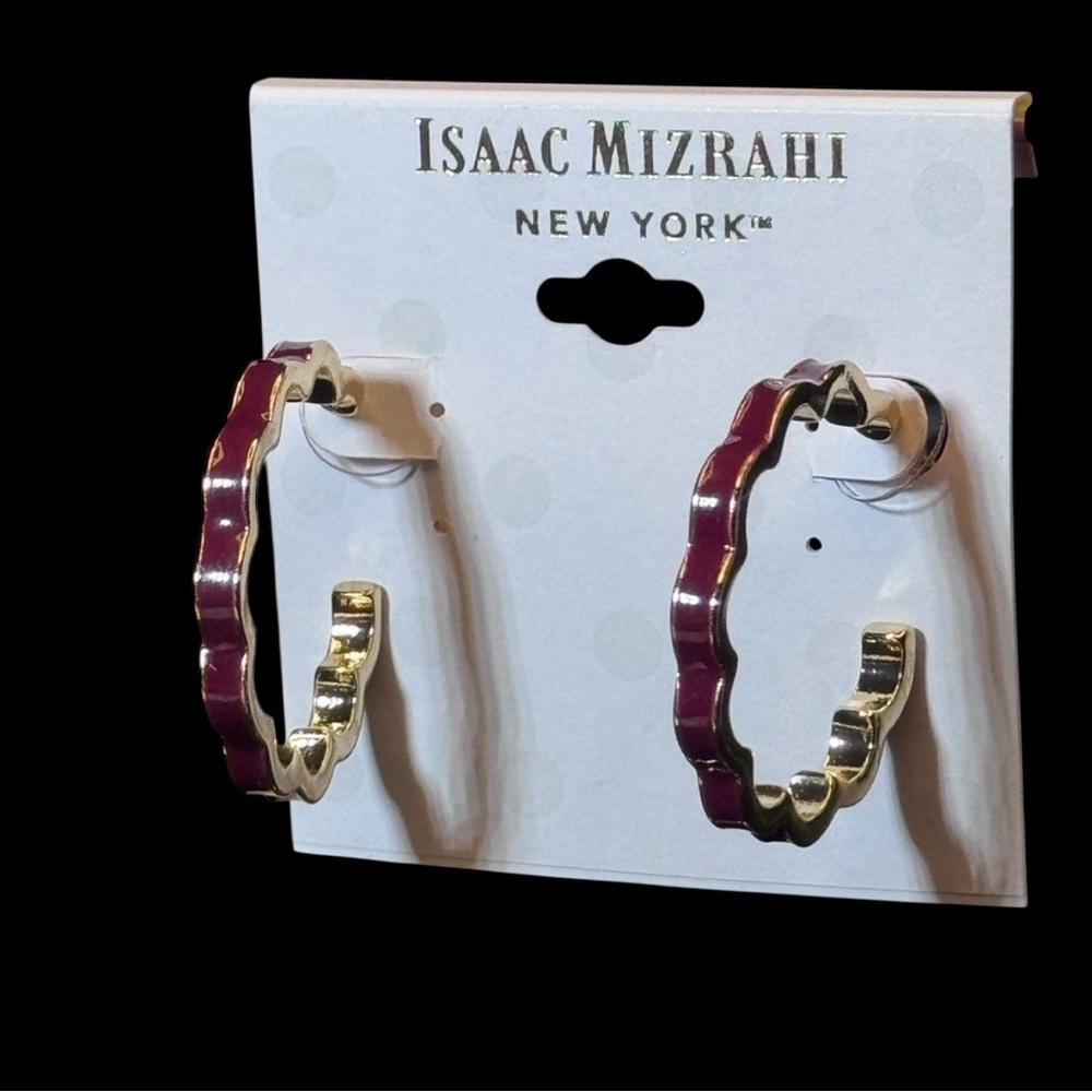 Isaac Mizrahi Scalloped Gold & Burgandy Hoop Earrings NWT